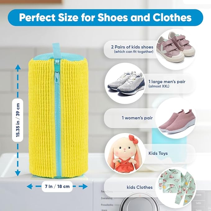 Shoe Washing Machine Bag –2 Pcs Reusable Laundry Shoe Bag with Brush & Shoe Trees, 360° Deep Cleaning Sneaker Washing Machine Bag, Fits All Shoe Types & Sizes (Yellow, 14.8 × 7.4 Inches)