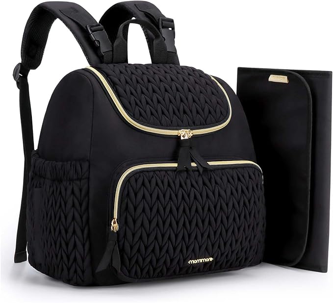mommore Diaper Bag Backpack, Stylish Travel Baby Bag with Insulated Pockets, Changing Pad and Stroller Straps for Toddler (S-Black, Small-17L)