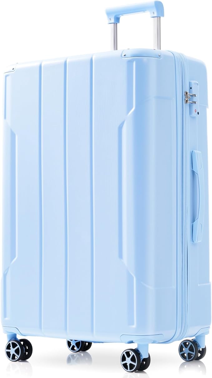 28 Inch Checked-Large Luggage, Lightweight ABS Hard Shell Suitcase with Spinner Wheels, Expandable Travel Luggage with Combination Lock & Side Hooks for Men Women (Sky Blue, 28)