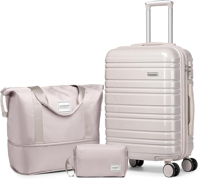 LARVENDER Carry on Luggage 22x14x9 Airline Approved, 20 Inch Hardside Suitcase with Wheels TSA Lock, PC+ABS Lightweight Travel Luggage Sets for Women, Glossy Champagne, 3 Piece Set