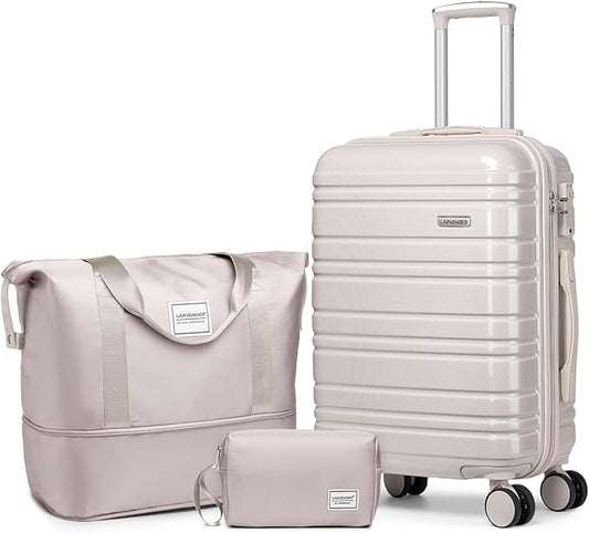 LARVENDER Carry on Luggage 22x14x9 Airline Approved, 20 Inch Hardside Suitcase with Wheels TSA Lock, PC+ABS Lightweight Travel Luggage Sets for Women, Glossy Champagne, 3 Piece Set