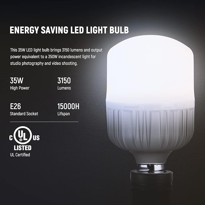 NEEWER E26 35W LED Light Bulbs, 2 Packs, 3150 Lumens/5700K/CRI 93+/15000h Lifespan, Bright Video Photography Lighting, Silent/No Flicker/Non Dimmable 350W Incandescent Equivalent | 15000h Lifespan, Bright Video Photography Lighting, Silent, No Flicker,...