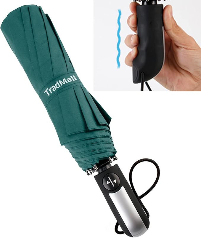 TradMall Travel Umbrella Windproof with 56 Inches Large Canopy 10 Reinforced Fiberglass Ribs Ergonomic Handle Auto Open & Close, Dark Green