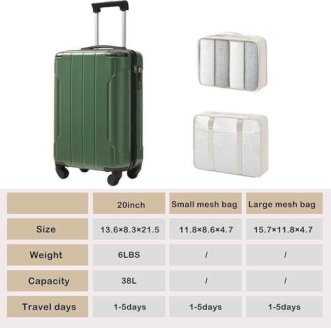 Merax Carry on Luggage Set, 20 Inch Hardshell ABS Suitcase with Spinner Wheels, Built-in TSA Lock & 2 Packing Cubes Airline Approved for Business Weekend Travel