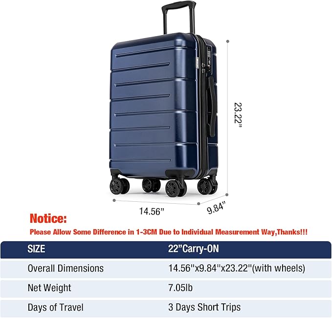 KYME Carry On Luggage 22x14x9 Airline Approved Hardshell Carry On Suitcases with Wheels Travel Rolling 20 Inch Luggage with Cup Holder for Women Men,Carry-on Navy