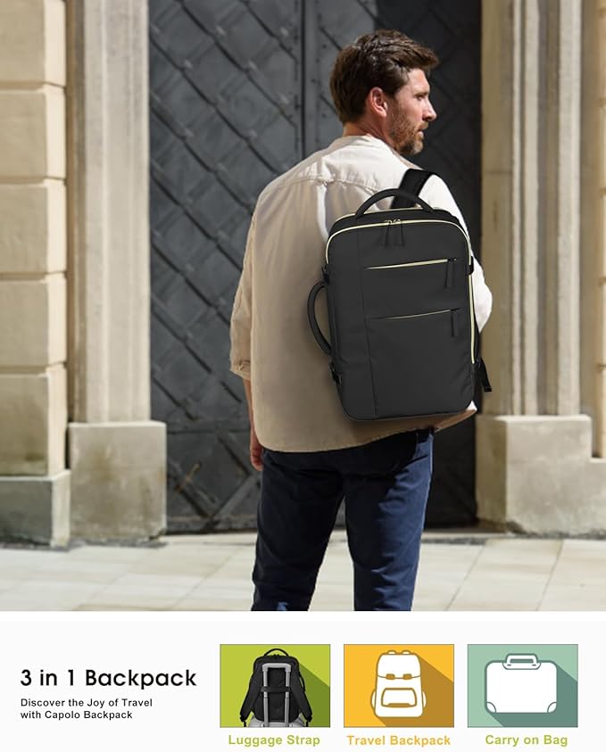 Capolo Travel Backpack for Women Men Waterproof Laptop Backpack Airlines Approved Personal Item Backpack Bag Computer Bookbag for Business, Work, Traveling Fits 15.6 Inch Laptop(Black)