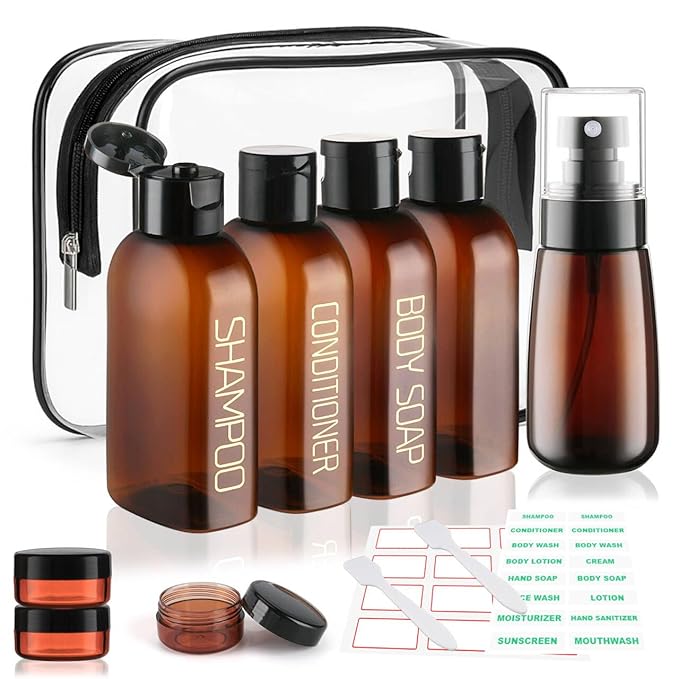 Cosywell Travel Bottles for Toiletries 9PCS Plastic Squeeze Bottles TSA Approved Travel Size Containers Leakproof Plastic Cream Jars Refillable Cream Lotion Travel Essential Toiletries