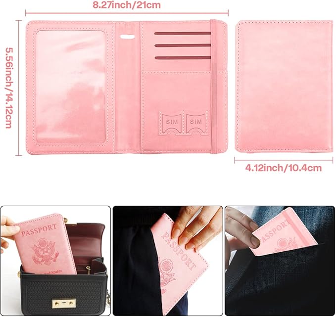 Passport Holder for Travel, Leather Passport Holder RFID Blocking Passport Cover Wallet Passport Case with Pen Holder Passport Holders for Travel Women Men Family Travels Must Haves Essentials, Pink