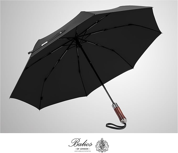Balios (Designed in UK) Travel Umbrella Luxurious Golden Hardwood Handle Auto Open & Close Windproof Frame Single Canopy Automatic Folding Umbrella Men's & Ladies