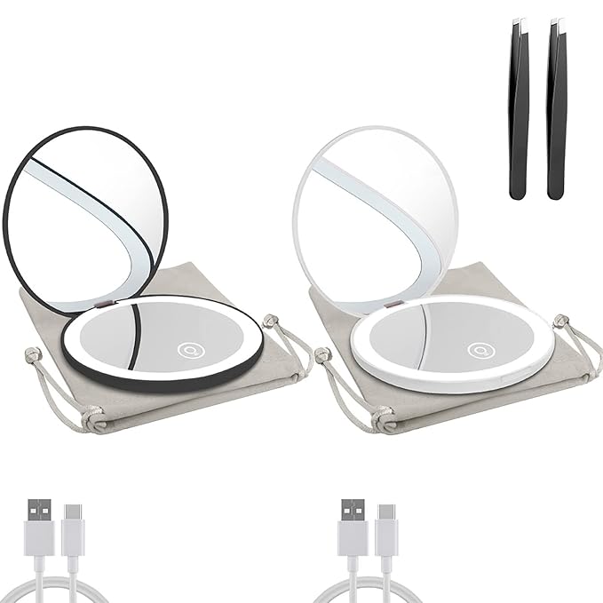 Compact Mirror with LED Light,1x/10x Magnifying Rechargeable Mirror,3.5in, Dimmable Travel Mirror for Purse,Pocket,Handheld 2-Sided Makeup Mirror