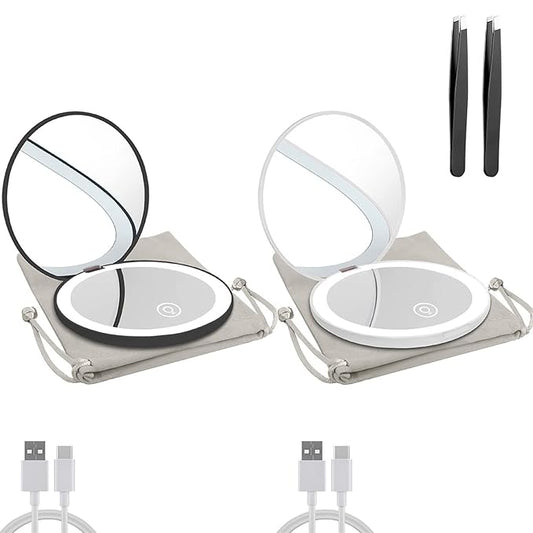 Compact Mirror with LED Light,1x/10x Magnifying Rechargeable Mirror,3.5in, Dimmable Travel Mirror for Purse,Pocket,Handheld 2-Sided Makeup Mirror