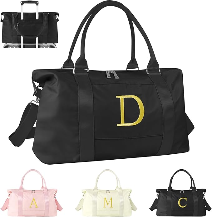 Personalized Initial Gym Dance Bag, Travel Duffel Bag for Teen Girls, Carry On Bag Overnight Weekender Bag with Trolley Sleeve, Birthday Gifts for Women Mom Daughter Graduation Gift(Letter D, Black)