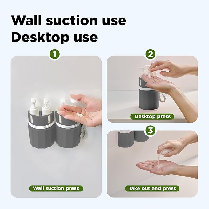 YOTIME 4 in 1 Travel Dispenser Bottle, Vacuum Silicone Suction Cup for Smooth Walls, TSA Approved Leak Proof Travel Size Containers for Toiletries, Shampoo, Body Wash and Conditioner, Gray