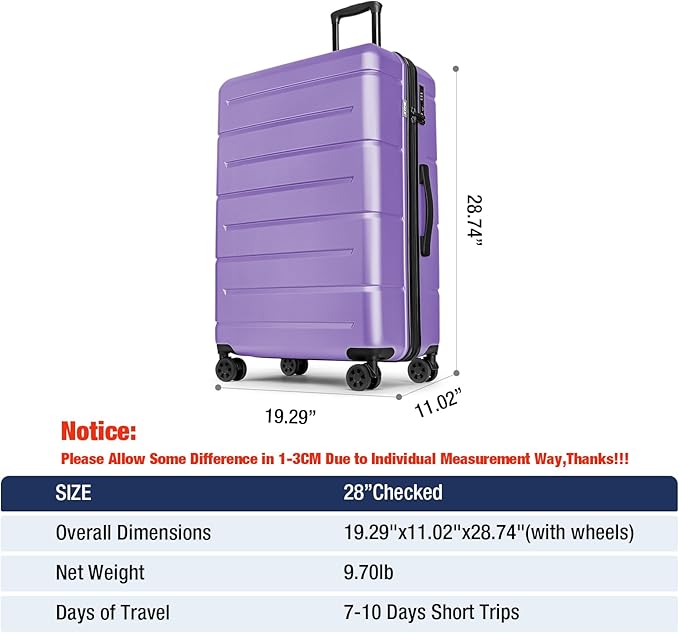 KYME Large Suitcases with Wheels Hardshell 28 Inch Luggage TSA Approved Big Checked Luggage Durable Travel Rolling Suitcase for Women Lt Purple