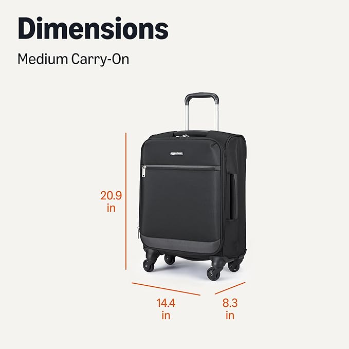 Amazon Basics 18" Medium Carry-On Softside Expandable Suitcase with 360-Degree Spinner Wheels, Telescoping Handle, Zippered Pocket and Straps, Black
