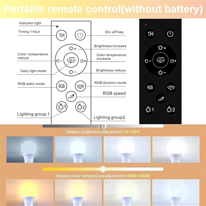 GRV 12W A60 Smart LED Light Bulb with a 2.4GHz Remote Control,RGBCW Color Changing,Stepless Dimmable 3000-6500K,100W Incandescent Lamp Equivalent,1000LM CRI>80,E26 Base,Home Decor,2 Bulbs & 1 Remote