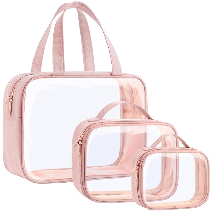 PACKISM Clear Makeup Bag Combo Pack, 1 TSA Approved Medium & Large/XL for Checked Luggage, Clear Toiletry Bag with Handle, Water-resistant Travel Essentials Organizer, Rose Pink