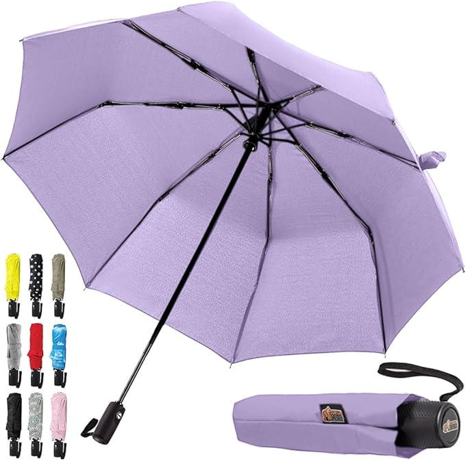 GORILLA GRIP Strong Windproof Stick Compact Umbrella for Rain, One-Click Automatic Open and Close, Durable Quick Dry Waterproof Material, Lightweight and Portable, Travel Size Fits Backpack, Purple