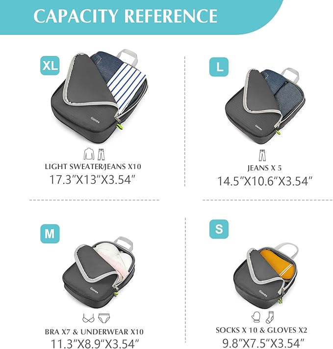 Gonex Compression Packing Cubes, 4pcs Expandable Storage Travel Luggage Bags Organizers (Deep Gray)