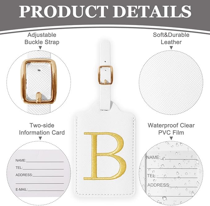 Personalized Initial Luggage Tags for Suitcases,Leather Letter Cute Luggage Tags with Privacy Name Card,Embroidered Monogrammed Travel Bag Backpack Tag Gifts for Women Kids Girls Teens(White-B)
