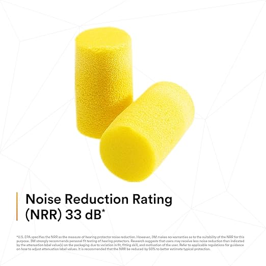 3M Ear Plugs, E-A-R Classic Plus 310-1101, 200 Pair of Disposable Earplugs, Pairs Individually Wrapped, Uncorded, 33 NRR, Foam, Slightly Longer, Roll Down, ANSI/ASA S12.71-2018, Drilling, Grinding