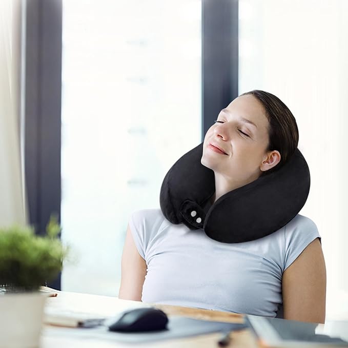 Neck Pillow Airplane Memory Foam Neck Pillow with Velvet Cover Soft Airplane Pillow for Sleeping Neck Support Travel Pillows for Adults Train Bus Office Home Black