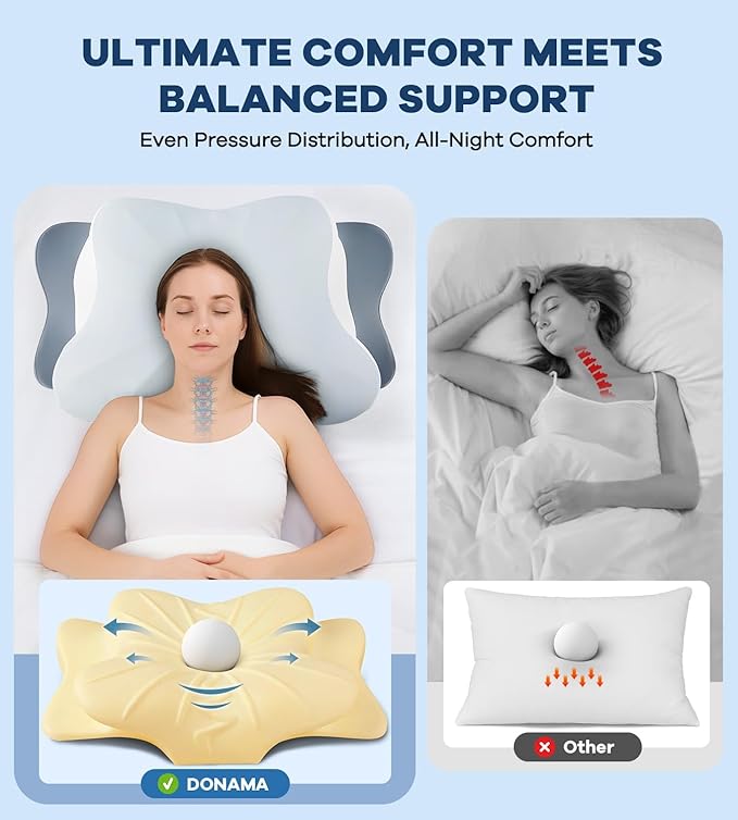DONAMA Cervical Pillow for Neck and Shoulder Pain Relief, Cooling Contour Memory Foam Pillow, Dual-Height Ergonomic Neck Support Pillow for Side Back Stomach Sleepers with Removable Pillowcase