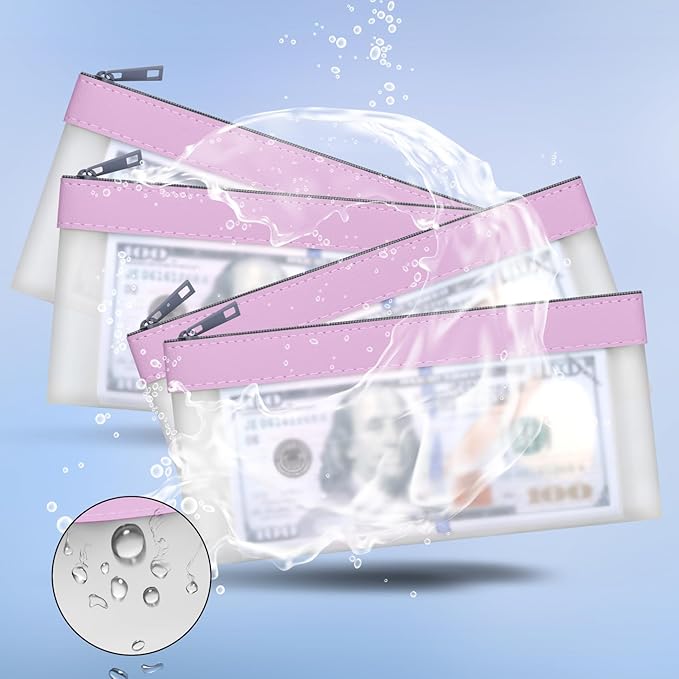 4 Pieces Money Bags With Zipper, Cash Envelopes,7.6 x 3.7 inch Money Pouch, Clear Bank Deposit Bags, Bank Bag, Cash Bag, Coin Bag for Collectors, Multi-Purpose Check Wallet （Purple）