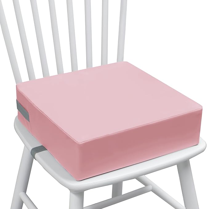 Toddler Booster Seat Dining Table Kitchen Chair, Waterproof Anti-Scratch PU Cushion, Non-Slip Bottom, Adjustable Buckle Straps, Easy Clean Portable Seat Cushion (Pink)