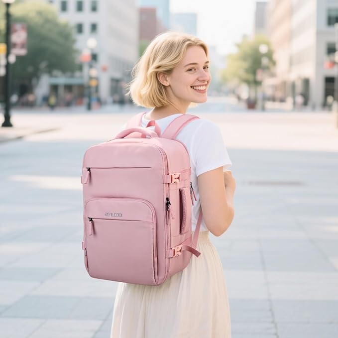 RealCool Travel Backpack for Women Men - Gift for Travelers, Students & Professionals, 17.3 Inch Laptop Carry On Backpack, TSA Flight Approved, College School Business Weekender Daypackg -Pink