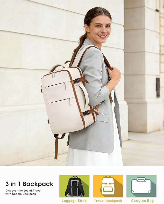 Capolo Travel Backpack for Women Men Waterproof Laptop Backpack Airlines Approved Personal Item Backpack Bag Computer Bookbag for Business, Work, Traveling Fits 15.6 Inch Laptop(Beige &Brown Zipper)