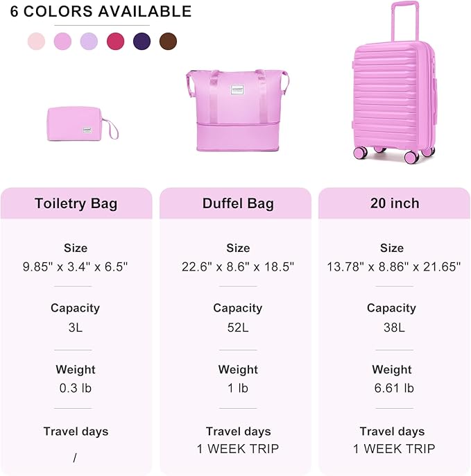 LARVENDER Luggage Sets 3 Piece, Expandable Hardside PP Carry On Luggage Suitcase with 360° Spinner Wheels TSA Lock Suitcase Set for Women Men, Neon Pink