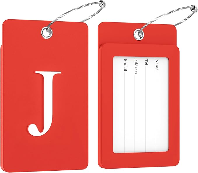 Gostwo 2 Pack Luggage Tags for Suitcases, 26 Initial Letter Travel Luggage Baggage Identification Labels ID Tag Fully Bendable Tags with Stainless Steel Loop (Red) (Letter J)