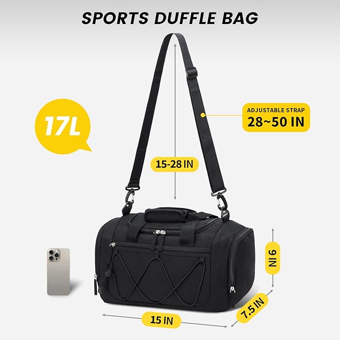Vorspack Gym Bag for Women - 15 Inches Small Duffle Bag for Travel Lightweight Duffel Bag Personal Item Travel Bag Weekender Bag for Travel Sports Gym - Black