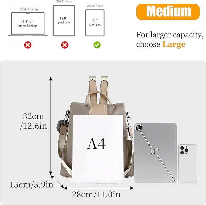 PINCNEL Women Khaki Medium Backpack Purse Waterproof Nylon Anti-theft Rucksack Lightweight Shoulder Bag