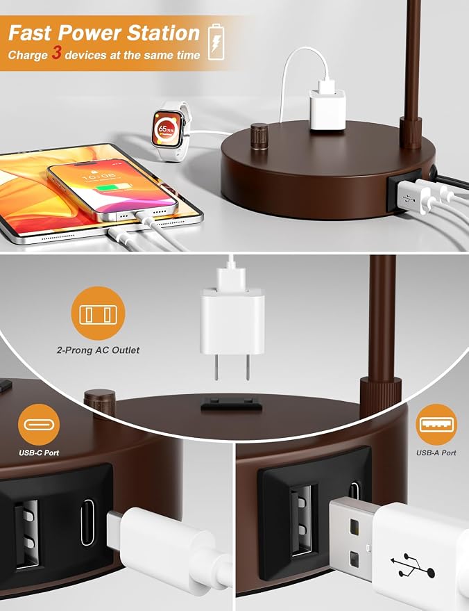 Innqoo Brown Table Lamp for Bedroom with USB Port and Outlet, Dimmable Nightstand Bedside Lamps with Linen Lampshade, Desk Lamp for Home Office, Living Room, Guest Room, LED Bulb Included