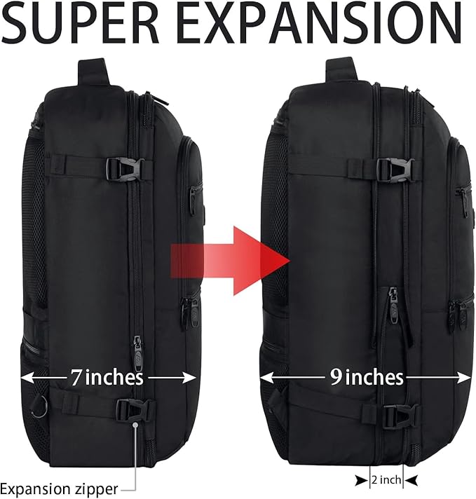 Vancropak Carry On Backpack, 45L Expandable Extra Large Travel Backpack, Flight Approved Water Resistant Luggage Suitcase Daypack, Lightweight Business Overnight Weekender Bag for Men & Women, Black