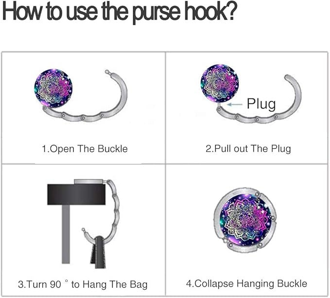 Bosketo Foldable Purse Hook Womens Bag Table Hanger Collection Desk Hooks for Purse (3pack Mandala-Hook)