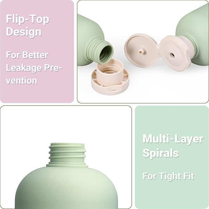 ASEVAT 8.8oz 4Pcs Green Plastic Refillable Travel Shampoo and Conditioner Bottles Plastic Refillable Travel Shampoo Bottles with Flip Cap Shampoo and Conditioner Dispenser