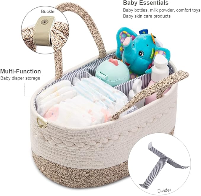 Baby Diaper Caddy Organizer, Shoulder Strap Buckle, 4 Inner Pockets Portable Nursery Storage Basket with Detachable Compartments,100% Cotton Woven Bin (Small, Yellow)