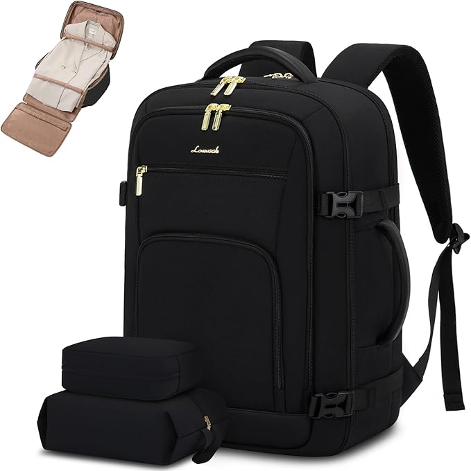 LOVEVOOK Travel Backpack for Women, 50L Carry On Backpack Flight Approved with Garment Bag, TSA Personal Item Travel Bag Fit 17 Inch Laptop, Business Weekender Waterproof Daypack With 2 Cubes, Black