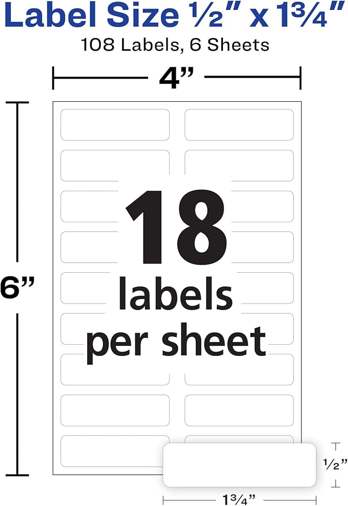 Avery No-Iron Fabric Labels, 1/2" x 1-3/4", Washer and Dryer-Safe, White, Non-Printable, 54 Labels Per Pack, 108 Total (2-Pack of 40720)