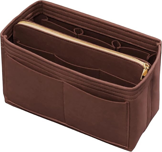 DailyPlus Purse Organizer Insert with Zipper & Key Chain Felt Bag Organizer for Tote Purse Handbag Brown Medium