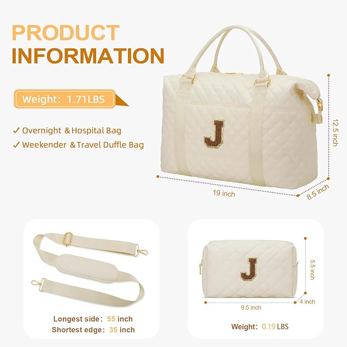 Gifts for Women, Initial Travel Duffle Bag, Personalized Weekender Overnight Bags, Gift for Mom Friend College Girl Graduation Teacher（Beige,J)