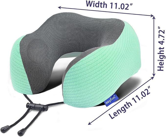 napfun Neck Pillow for Travel with Travel Pouch, Sleep Mask & Earplugs, Memory Foam Airplane Pillow for Headrest Sleep with Eyeshades, Plane Essentials with Eye Blindfold, Turquoise Striped Kit
