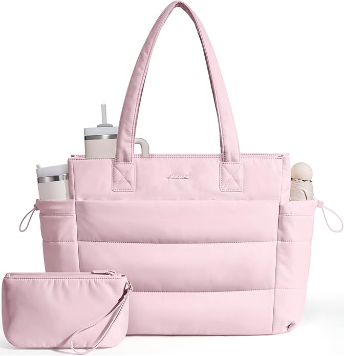 LOVEVOOK Tote Bag for Women with Giant Tumbler Holder Pocket, Puffer Work Travel Laptop Handbag with Zipper for Nurse Teacher
