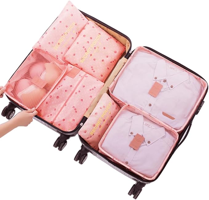 Packing Cubes for Suitcases - 7 Pieces,Light Packing Cubes for Travel, Suitcase Organizer Bags Set, Luggage Organizers for Suitcase, Water-Resistant Travel Essentials, Pink Cherry