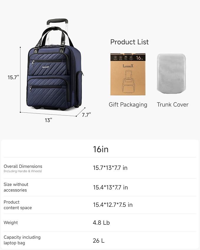 LUGGEX Underseat Carry On Luggage with Wheels, UDK Stylish Lightweight Under Seat Luggage, Soft Sided Personal Item Suitcase for Short Trip (UX-Core, Blue Black, 16 Inch)