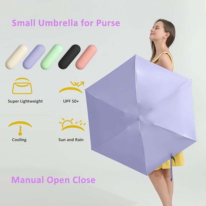 BAODINI Travel Essentials Mini Umbrella for Purse With Case Small Compact UV Sun Protection Lightweight Tiny Pocket Manual Open Close Umbrella for Women Kids and Men Fits Purse Backpack