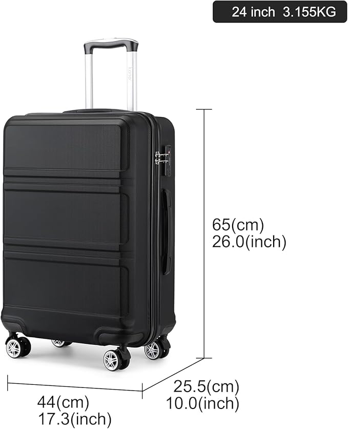 Kono 24 Inch Luggage Suitcase with Spinner Wheels TSA Lock Lightweight PC+ABS Hardside Medium Checked Luggage Durable Rolling Suitcase Black